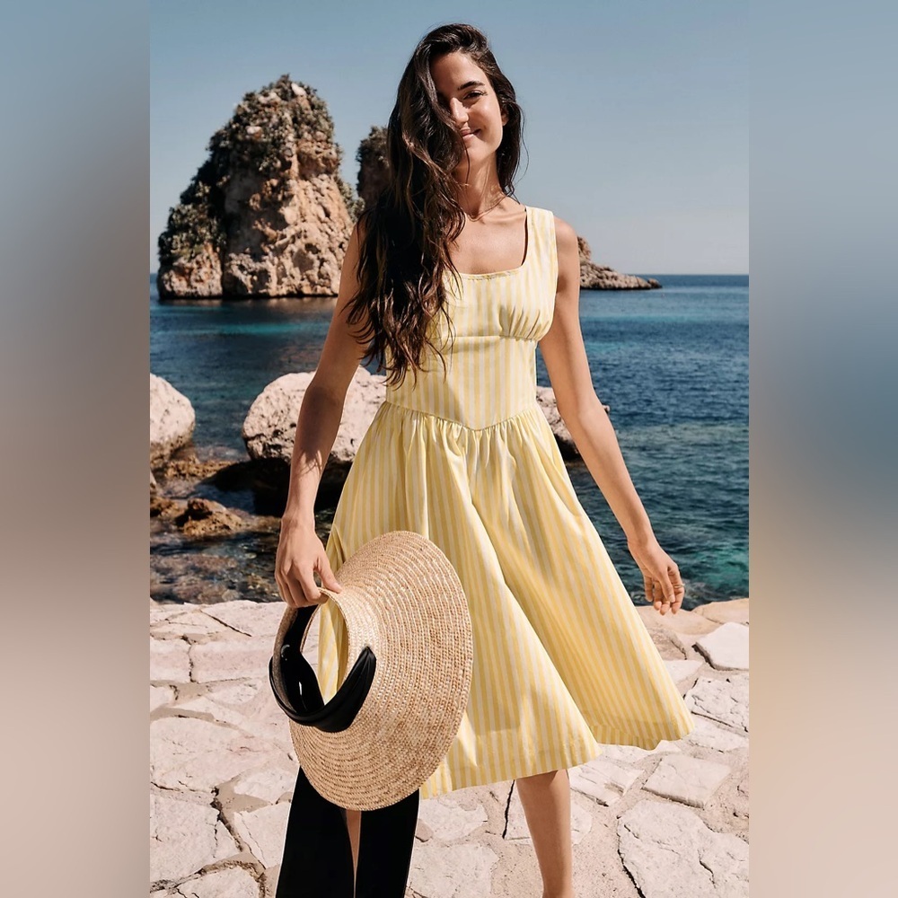 NWOT Anthropologie Maeve Sleeveless Cotton Square-Neck Romper Striped Yellow